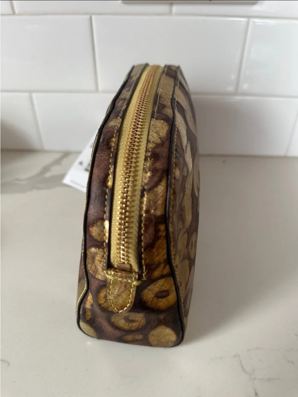 Brahmin Dany Gold and Brown Floral Embossed Leather Pouch